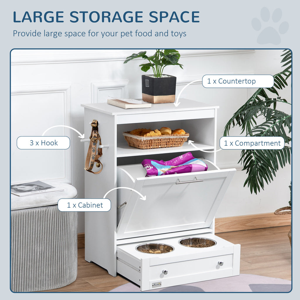 Pet Feeder Station, Dog and Cat Food Storage Feeding Station, Food Cabinet Pet Storage Organizer, White