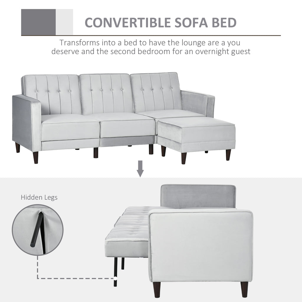 Upholstered L-Shaped Sofa Bed, Reversible Sectional Recliner Sofa Set, Velvet-Feel Sleeper Futon with Footstool, Grey