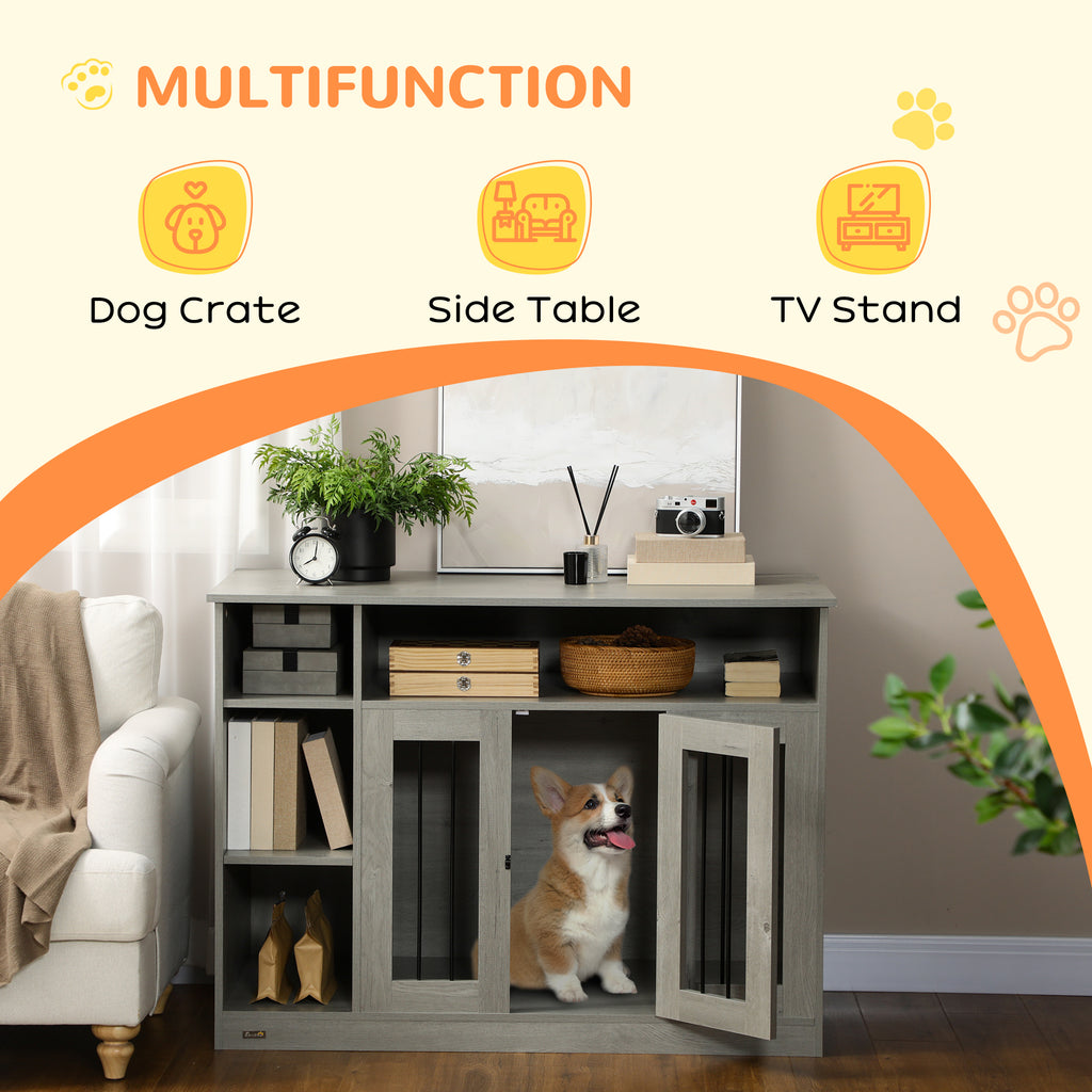 Dog Crate Furniture with Storage Space, Dog Kennel with Lockable Door, Pet Cage for Large Medium Dogs, 47" x 23.5" x 35", Gray