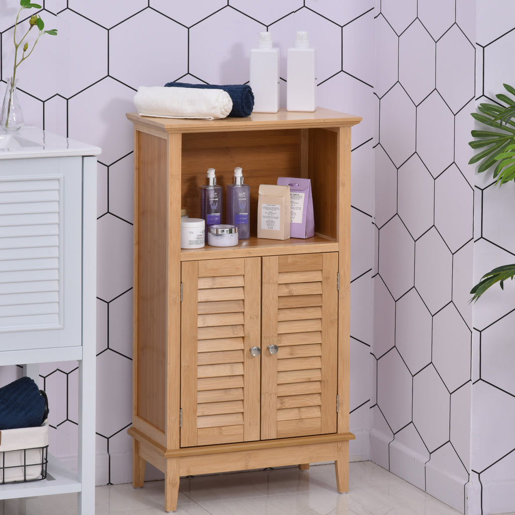 Bamboo Floor Cabinet Bathroom Floor Cabinet Living Room Organizer Tower with Multiple Shelves and Doors  Natural