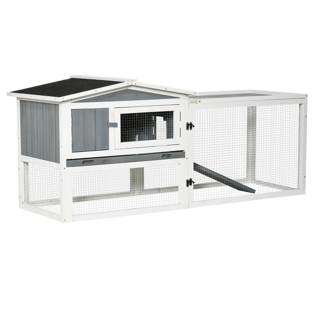 Rabbit Hutch 2-Story Bunny Cage Small Animal House with Slide Out Tray, Detachable Run, for Indoor Outdoor, 61.5" x 23" x 27", Light Grey