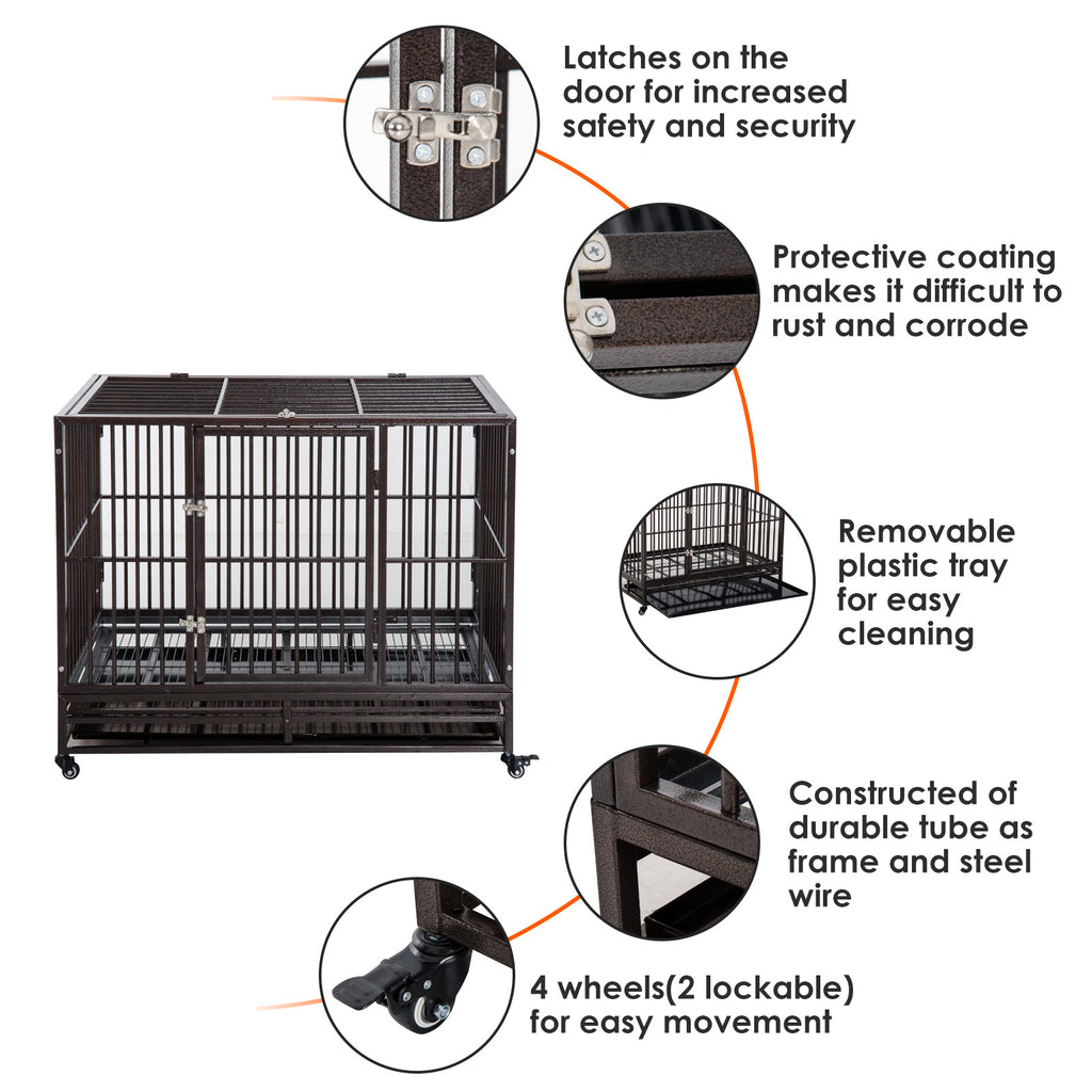 42" Heavy Duty Steel Dog Crate Kennel Pet Cage with Wheels - Brown Vein