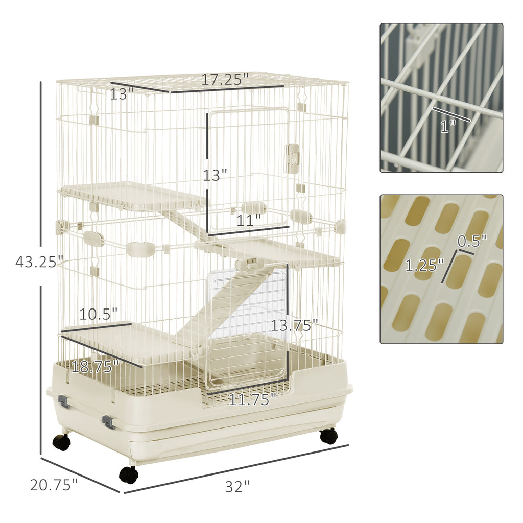 32"L 4-Level Small Animal Cage Rabbit Hutch with Universal Lockable Wheels, Slide-out Tray for Bunny, Chinchillas, Ferret, White