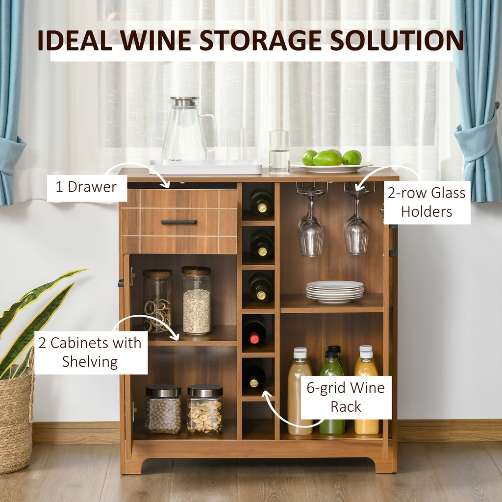 Retro Wine Cabinet for 6 Bottles, Wine Rack Sideboard Serving Bar with Glass Holders and 1 Drawer, Brown