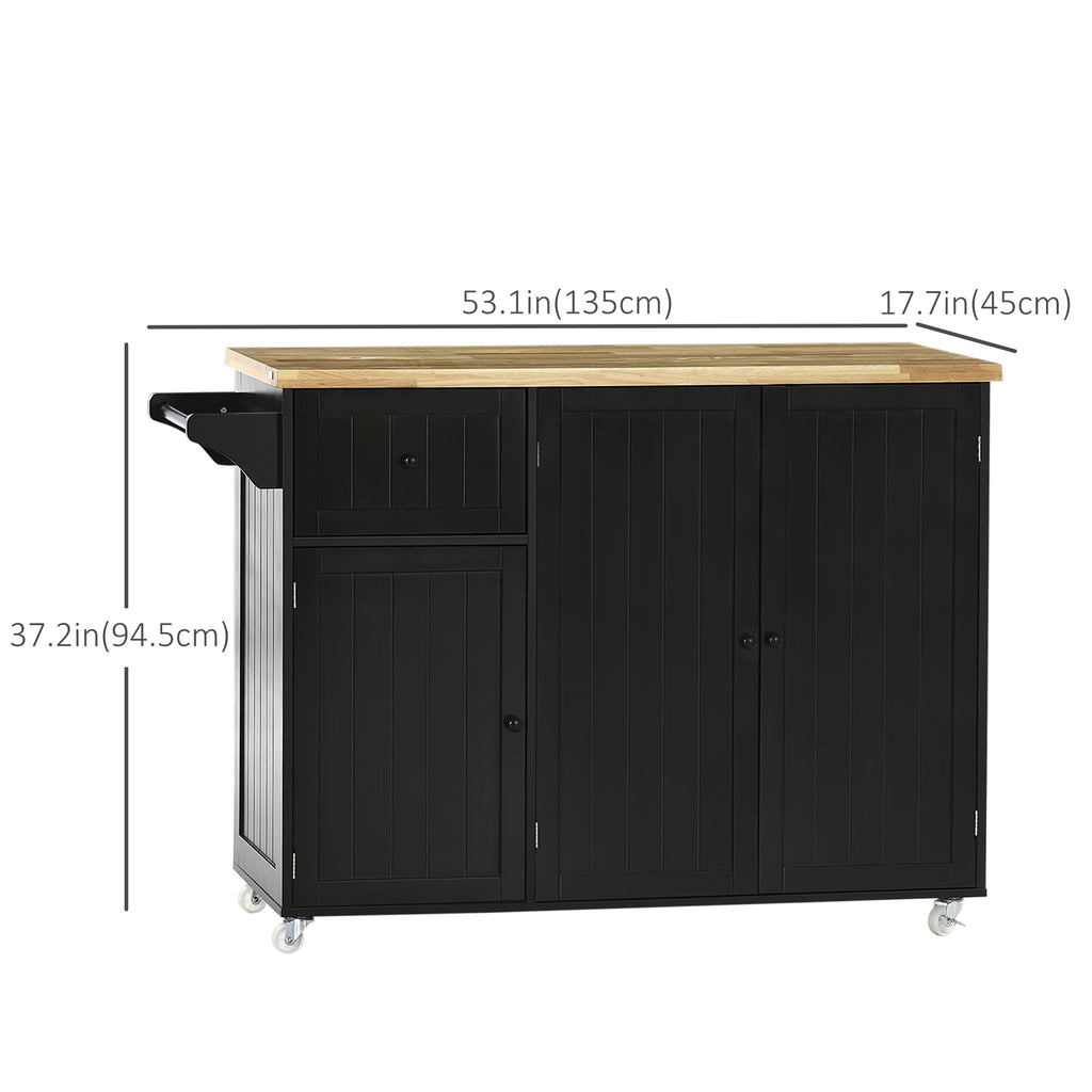 Rolling Kitchen Island on Wheels, Utility Serving Cart with Rubber Wood Top, Towel Rack, Storage Cabinet, Drawer, Black