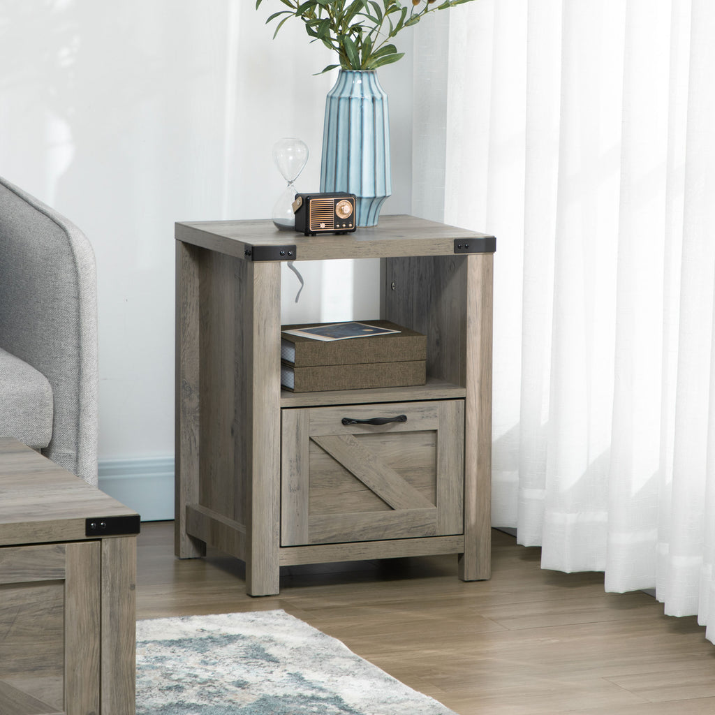 Industrial Side Table with 1 Drawer 1 Open Shelf and Big Tabletop for Living Room, Grey Oak