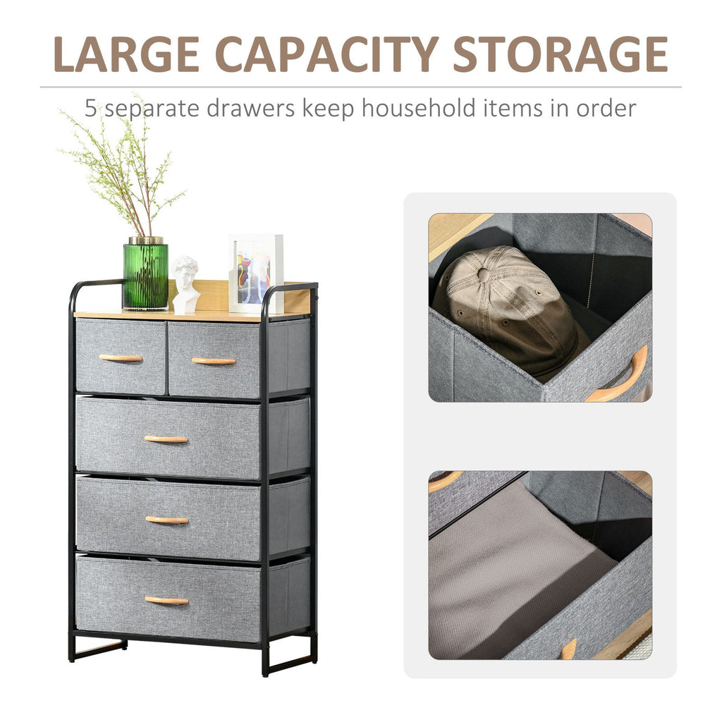 5-Drawer Dresser Tower 3-Tier Storage Organizer with Steel Frame Wooden Top for Bedroom Hallway Closets Light Grey