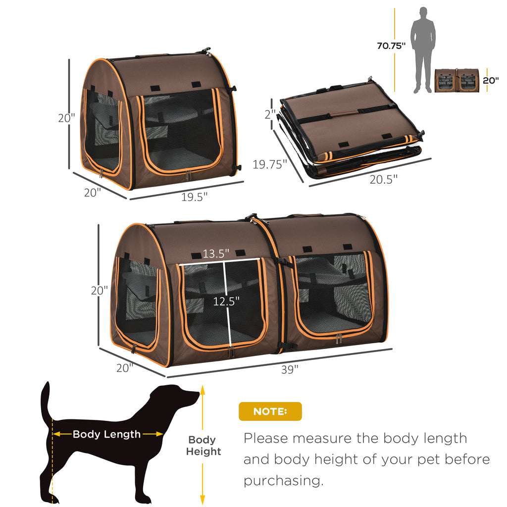39" Portable Soft-Sided Pet Cat Travel Carrier With Divider Dual Compartment Soft Cushions And Large Storage Bag Brown