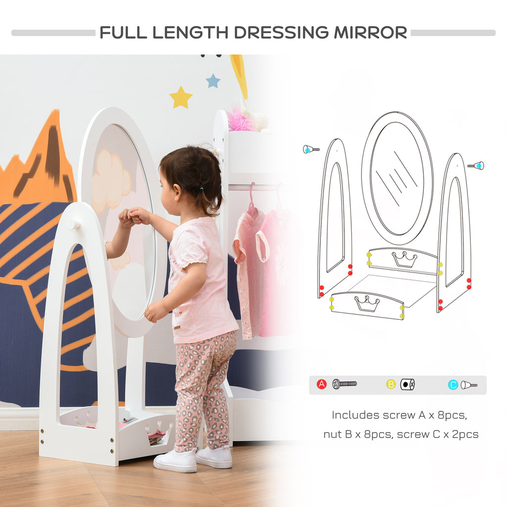 Free Standing Full Length Mirror, Child's Dressing Mirror with storage shelf, White Bedroom Furniture 360Â° Rotation MDF, For 3- 8 Years Old