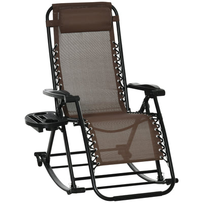 Outdoor Rocking Chairs Zero Gravity Rocking Chair w/ Removable Headrest, Side Tray, Cup & Phone Holder, Brown