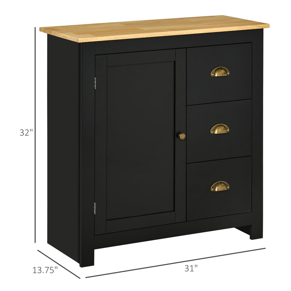 Modern Floor Cabinet, Storage Sideboard, Kitchen Buffet Table with Rubberwood Top, 3 Drawers and Cabinet with Adjustable Shelf, Black