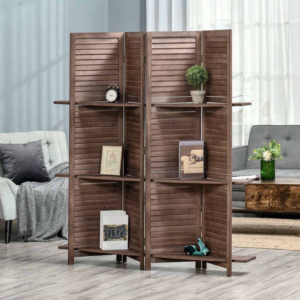 4 Panel Folding Room Divider, 5.5ft Freestanding Paulownia Wood Wall Divider Panel with Storage Shelves for Bedroom or Office, Walnut Wood