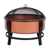 Copper-Colored Round Basin Wood Fire Pit Bowl with Organte Black Base  a Wood Poker  & Mesh Screen for Embers