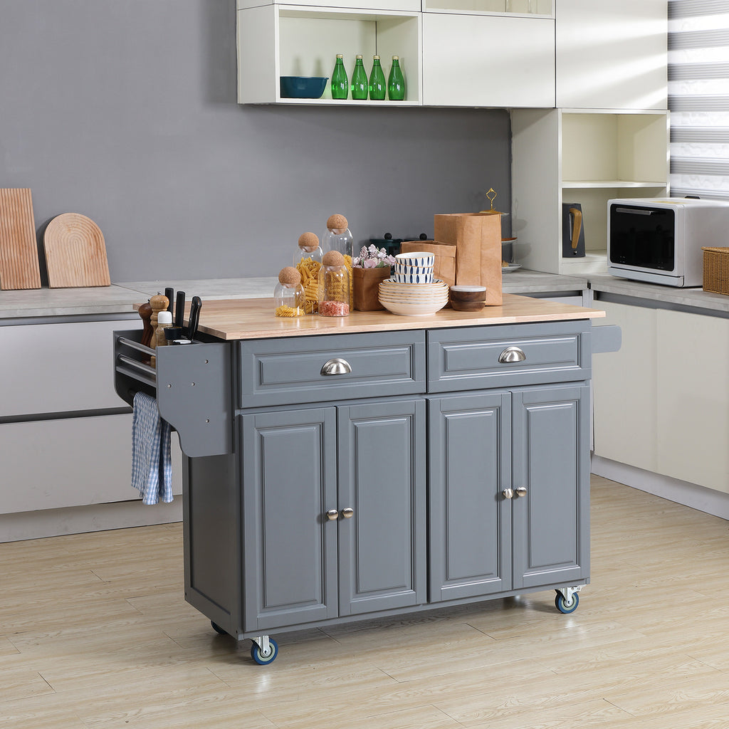 Rolling Kitchen Island on Wheels Utility Cart with Drop-Leaf and Rubber Wood Countertop, Storage Drawers, Door Cabinets, Dark Grey