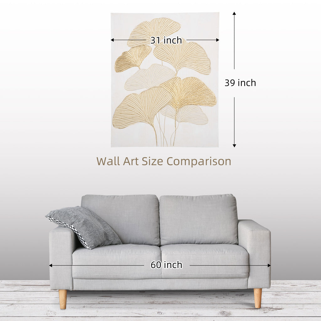 Hand-Painted Canvas Wall Art for Living Room Bedroom, Painting Gold Ginkgo Leaves, 39.25" x 31.5"