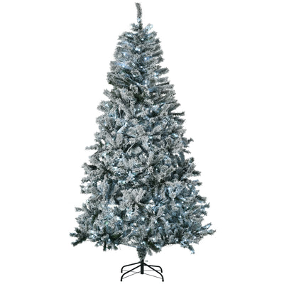 7.5' Prelit Artificial Flocked Christmas Trees, with Snow Frosted Branches, Cold White LED Lights, Auto Open