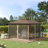 12' x 10' Patio Gazebo Outdoor Canopy Shelter with Double Tier Roof and Netting Sidewalls for Garden, Lawn, Backyard and Deck, Brown