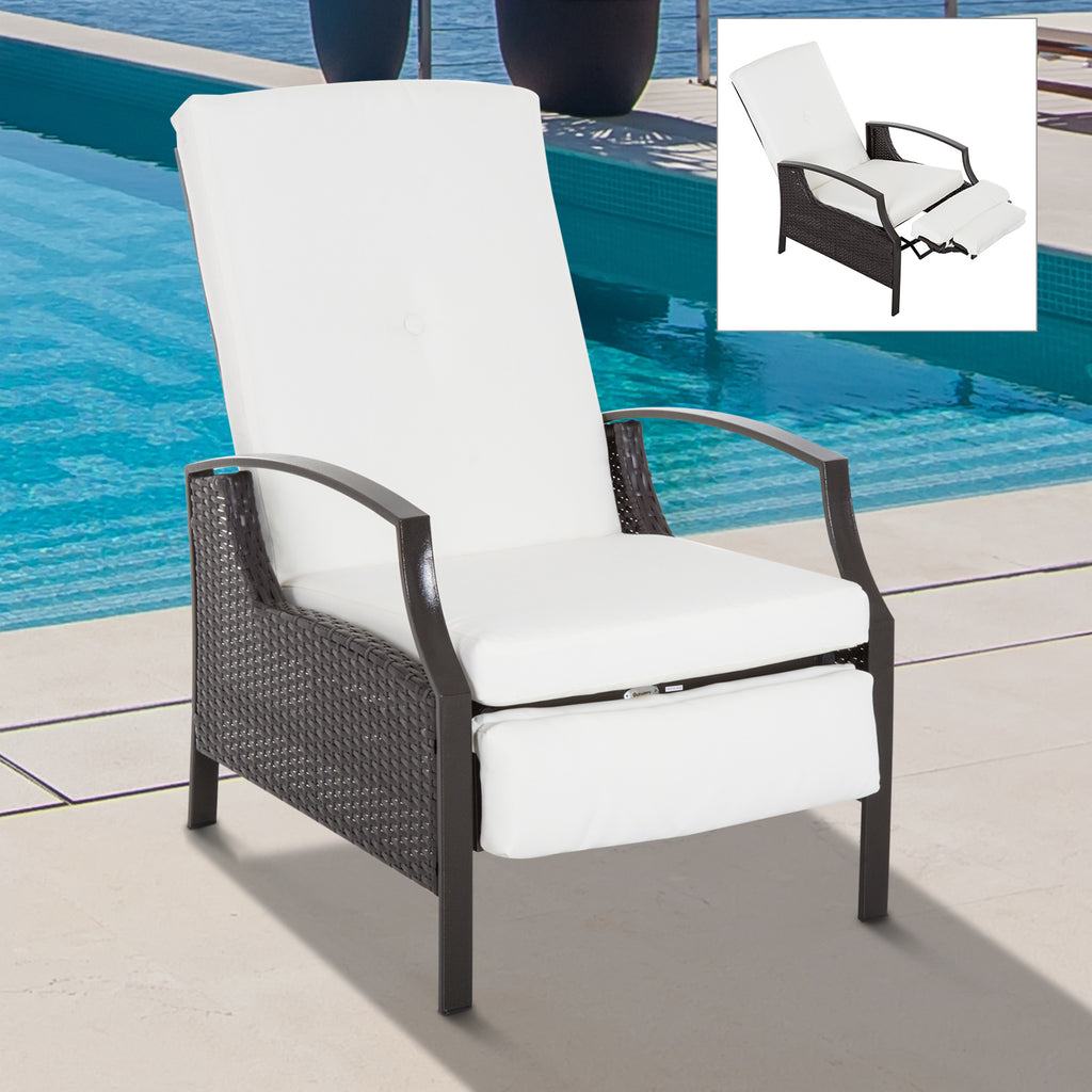 Rattan Adjustable Recliner Chair with Hand-Woven All-Weather Wicker for Patio, Outdoor, Garden, Poolside, White