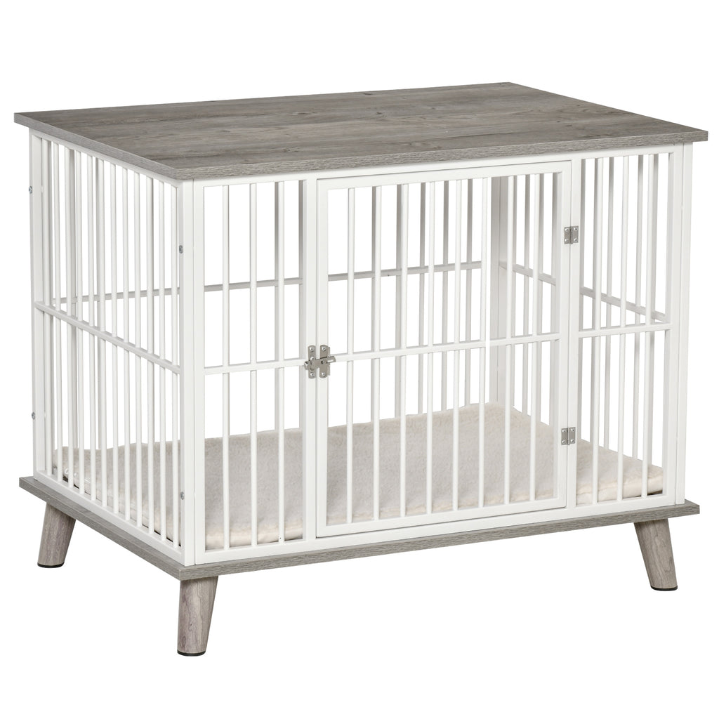 Dog Crate, Furniture Style Pet Cage Kennel, Decorative Dog House, with Soft Cushion, Wooden Top, for Small & Medium Dogs, Indoor Use, Grey