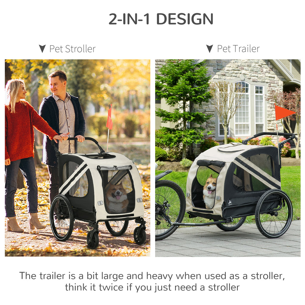 Dog Bike Trailer 2-in-1 Pet Stroller Cart Bicycle Wagon Cargo Carrier Attachment for Travel with 4 Wheels Reflectors Flag White