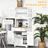 67" Kitchen Buffet with Hutch, Pantry with Framed Glass Doors, Louvered Cabinets, 2 Drawers, and Open Microwave Countertop, White