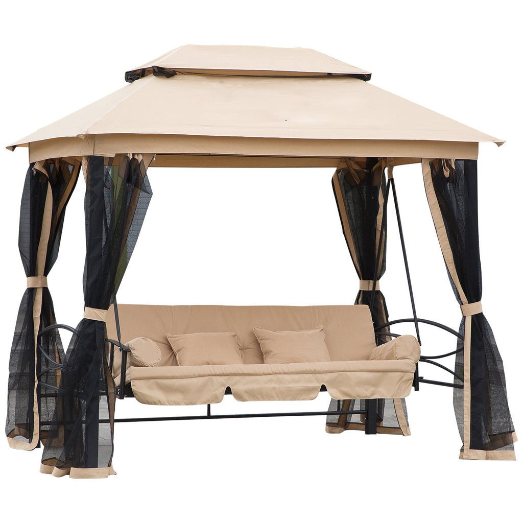 3 Person Patio Swing Chair, Gazebo Swing with Double Tier Canopy, Cushioned Seat, Mesh Sidewalls, Beige