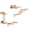 Indoor Cat Activity Tree 4-Piece Set, Mounted Pet Climbing Perches w/ Feeding Station, Hammock Stairs, Scratching Post, Jumping Platform, Beige