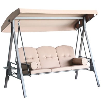 Outdoor Patio 3-Person Steel Canopy Cushioned Seat Bench Swing with Included Side Trays & Padded Comfort, Brown