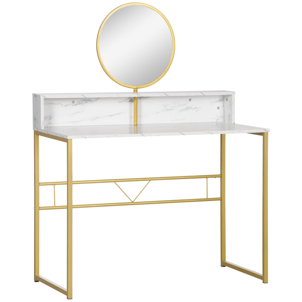 Modern Vanity Makeup Desk with Mirror, Dressing Table with Open Storage, Faux Marble Finish and Steel Frame for Bedroom, White and Gold