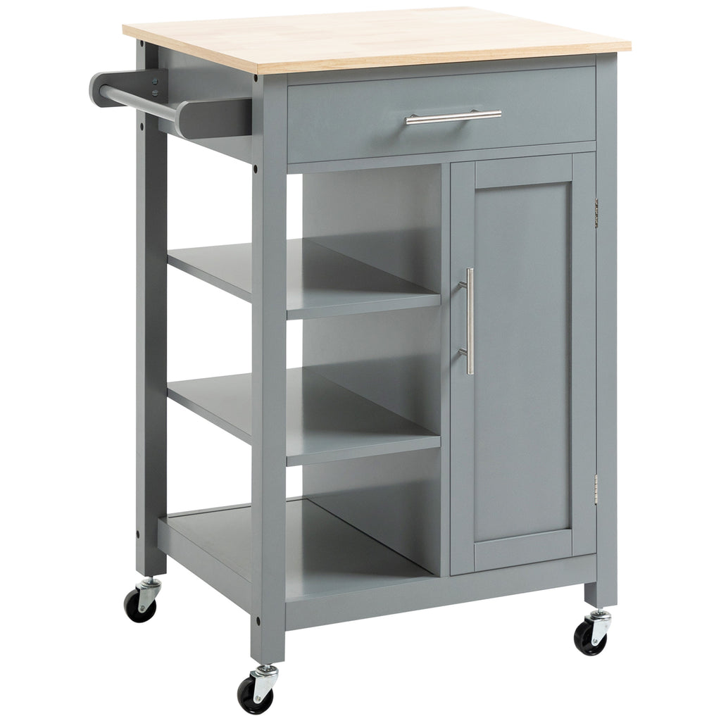 Grey Kitchen Cart, Rolling Kitchen Island Cart on Wheels, Rubber Wood Tabletop, Serving Utility Trolley Cart, Grey