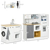 2Pcs Kids Play Kitchen Set with Lights Sounds, Kids Kitchen Playset with Stool, Oven, Coffee Maker, Ice Maker, Washing Machine, Microwave, Range Hood, Refrigerator, Sink, Utensils, White