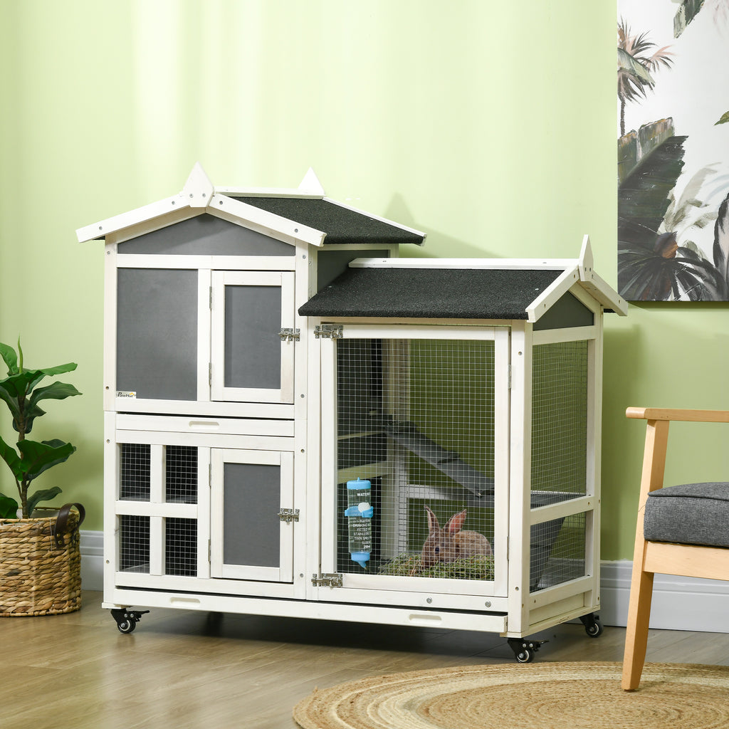 43" Rabbit Hutch Indoor Outdoor with Wheels, 2 Tier Wooden Bunny Cage for Small Animals with Water Resistant Roof, Water Bottle, Run, No Leak Trays, Ramps