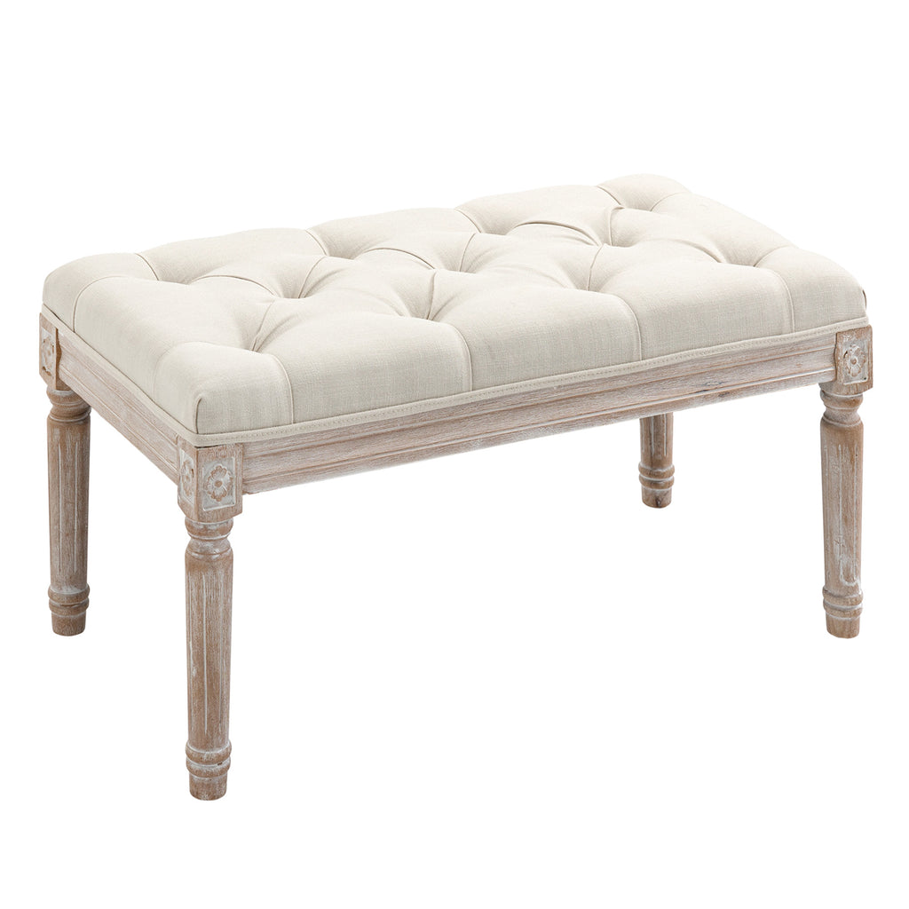 15.75" Vintage Ottoman, Tufted Footstool with Upholstered Seat, Distressed Wood Legs for Bedroom, Living Room, Beige