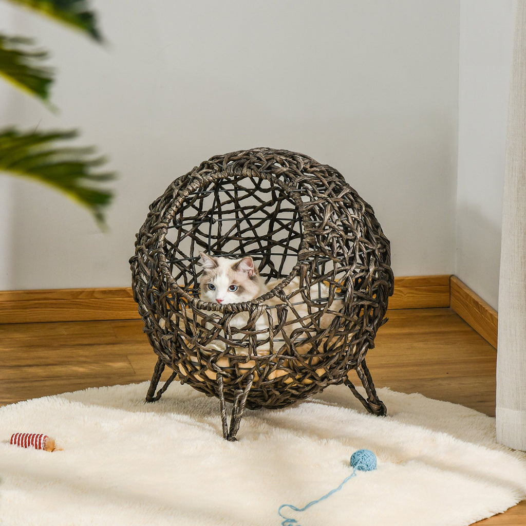 Wicker Cat Bed Elevated Rattan Kitten Basket Pet Den. House Cozy Cave with Soft Cushion Golden Maroon
