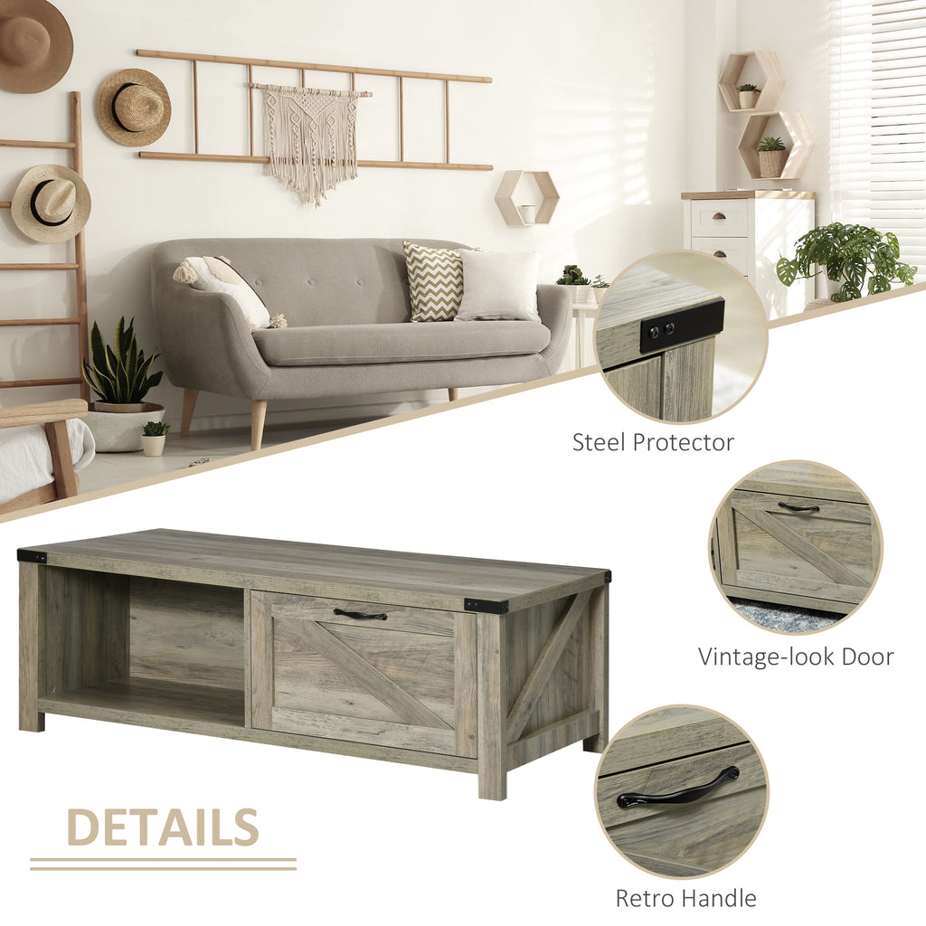 Farmhouse Coffee Table with Storage and Drawer, Rustic Coffee Table for Living Room, Open Shelf, Grey Oak