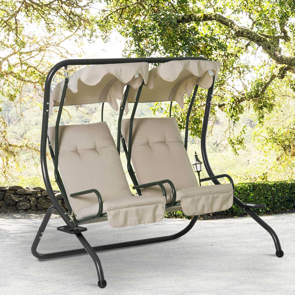 Modern 2-Seater Outdoor Patio Swing Chair, Porch Seats with Cup Holder and Removeable Canopy, Beige