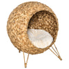 20.5" Weaved Cat Bed, Elevated Hand Made Cat House Condo with Cushion, Brown