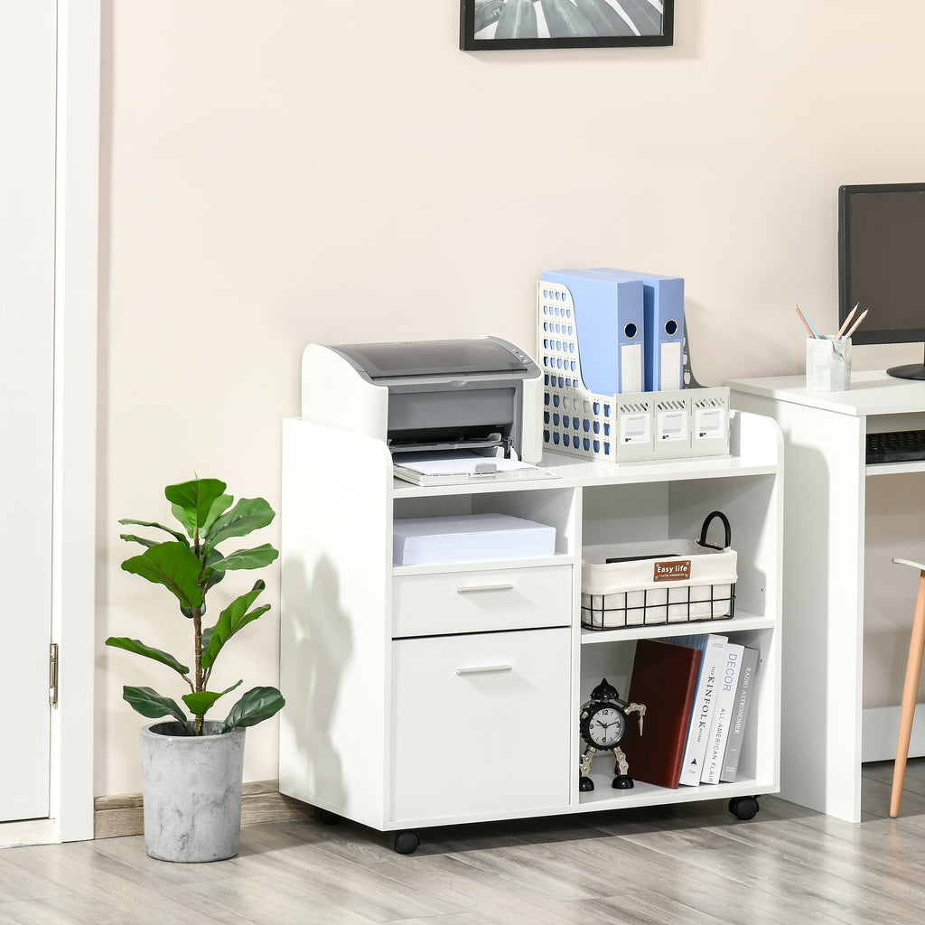 Filing Cabinet Printer Stand Mobile Lateral File Cabinet with 2 Drawers, 3 Open Storage Shelves for Home Office Organization, White