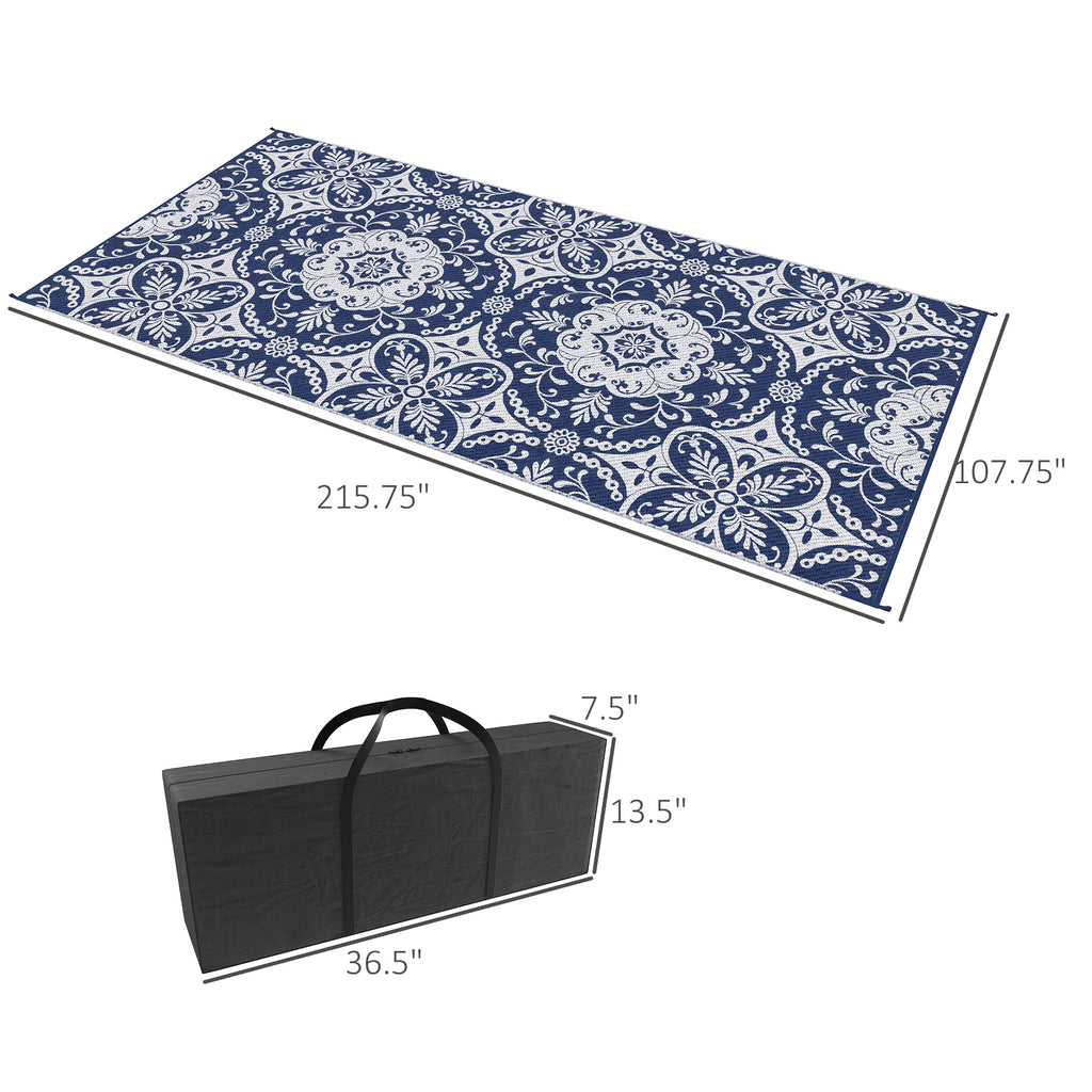 RV Mat, Outdoor Patio Rug / Large Camping Carpet with Carrying Bag, 9' x 18', Waterproof Plastic Straw, Reversible Design for Backyard, Porch, Picnic, Poolside, Blue & White Floral