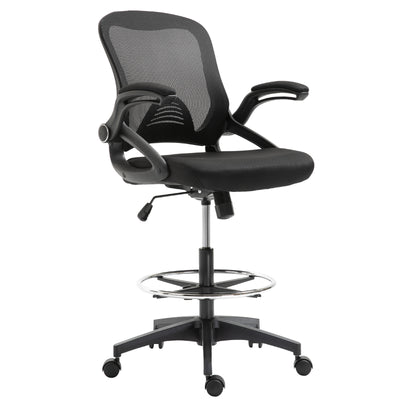 Mesh Drafting Chair, Tall Office Chair with Lumbar Support, Flip-Up Armrests, Footrest Ring and Adjustable Seat Height, Black