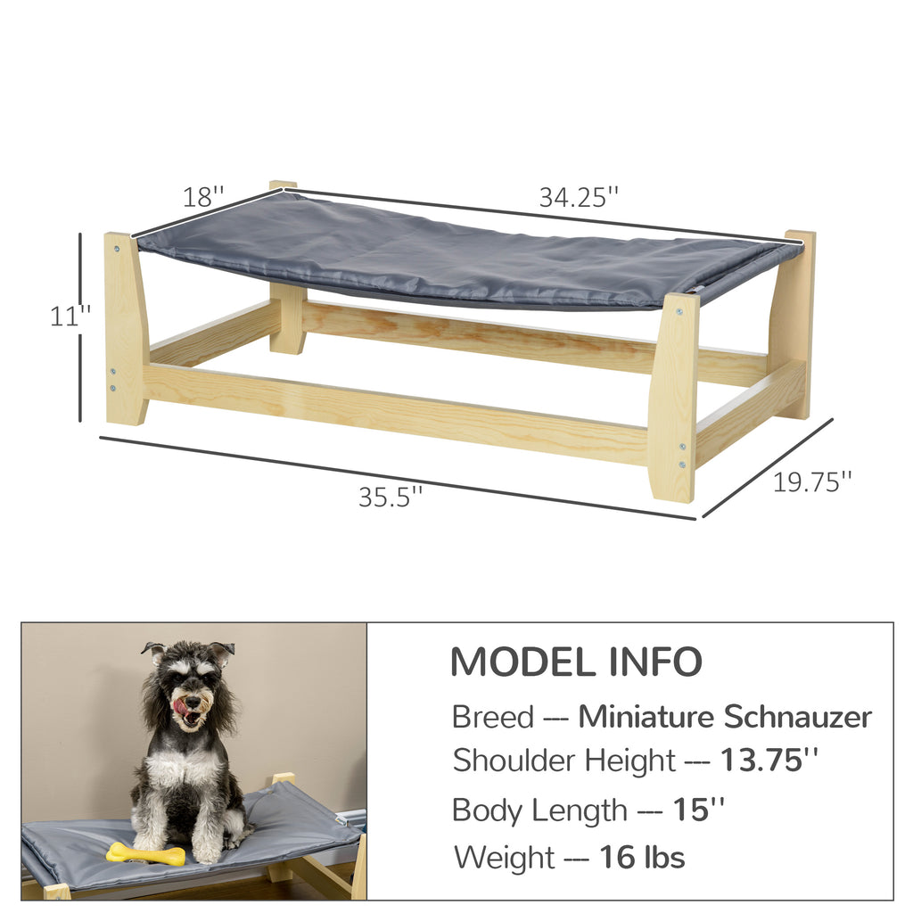 Raised Pet Bed Wooden Dog Cot with Cushion for Small Medium Sized Dogs Indoor Outdoor, 35.5" x 19.75" x 11"