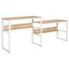 86.5 Inch Two Person Desk Double Computer Table Writing Desk with Open Shelves Long Storage Workstation for Home Office White and Natural