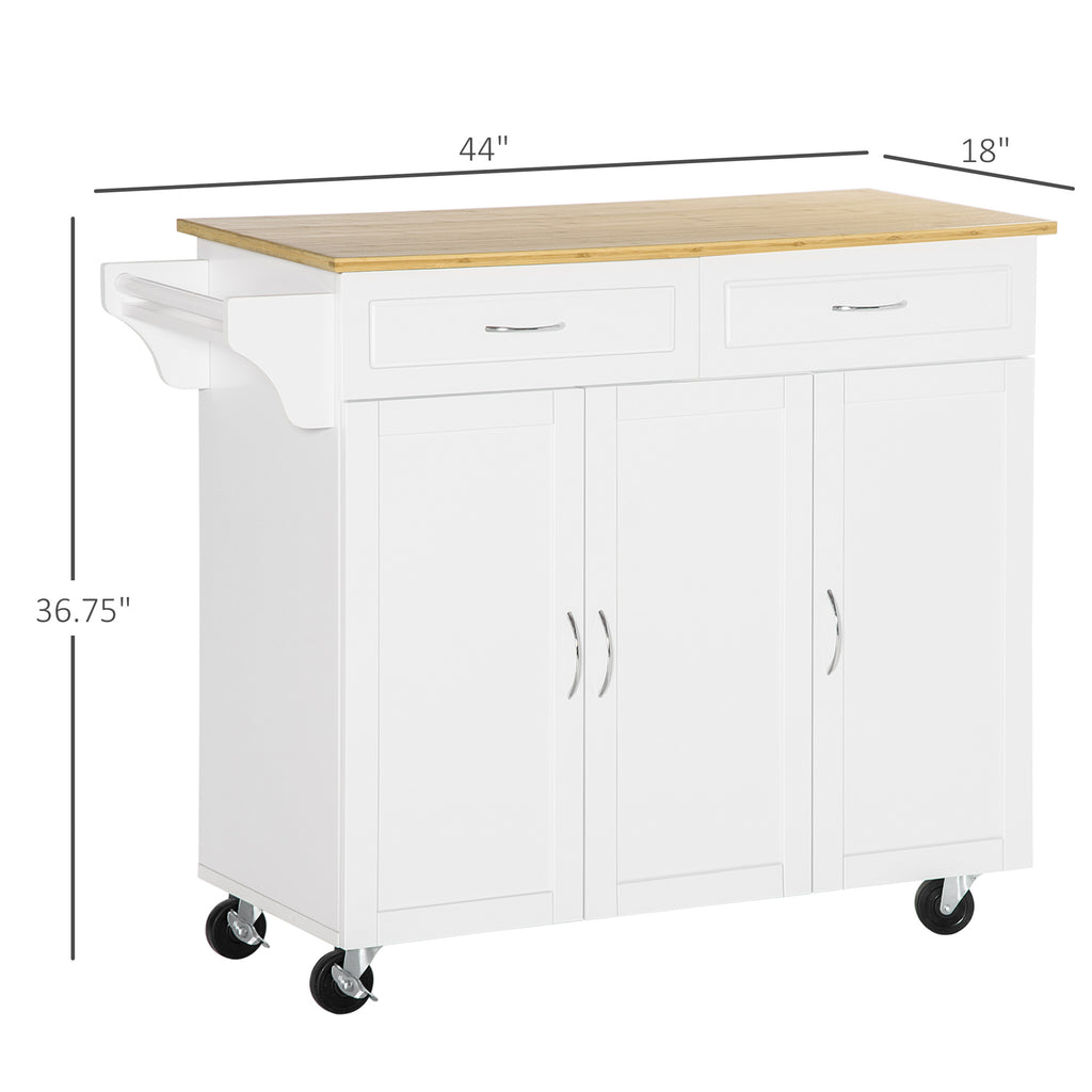 Rolling Kitchen Island Cart on Wheels with Large Bamboo Countertop, 2 Cabinets with Drawers, Adjustable Shelves, White