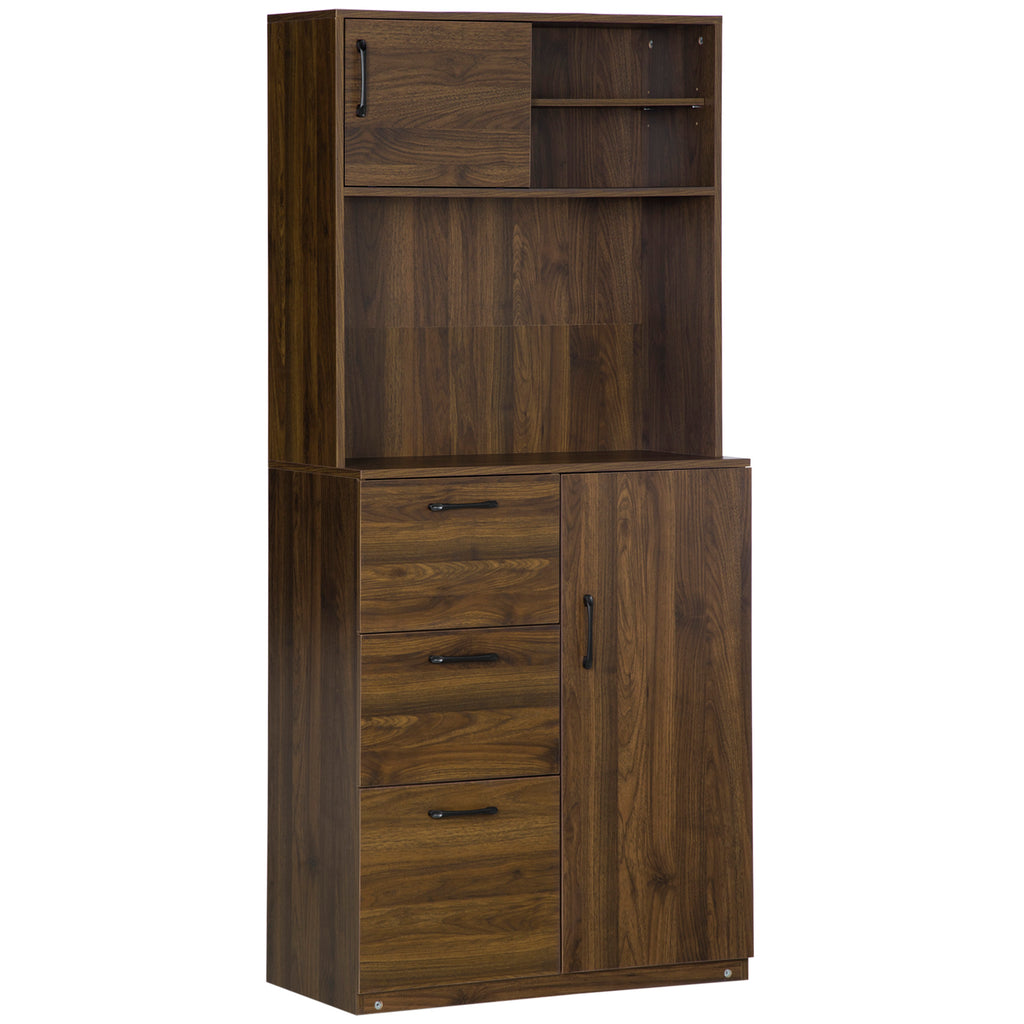 70" Buffet Hutch with 3 Drawers, Kitchen Pantry with Sliding Door, Large Cabinet and Adjustable Shelves, Walnut