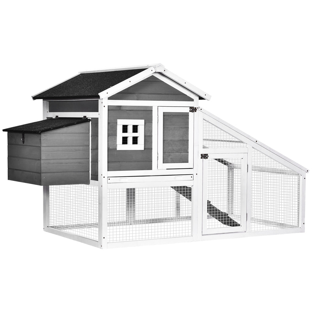 69" Chicken Coop Wooden Chicken House, Rabbit Hutch Pen, with Run w/ Nesting Box, Removable Tray, Asphalt Roof, and Safe Lockable Door
