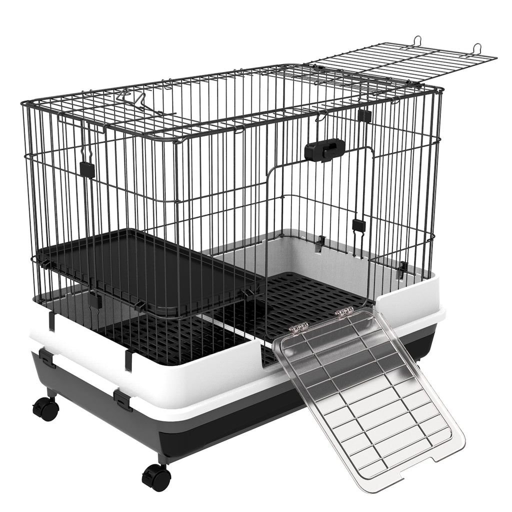 2-Level Small Animal Cage Rabbit Hutch with Wheels, Removable Tray, Platform and Ramp for Bunny, Chinchillas, Ferret, Hedgehog & Gerbils, Black