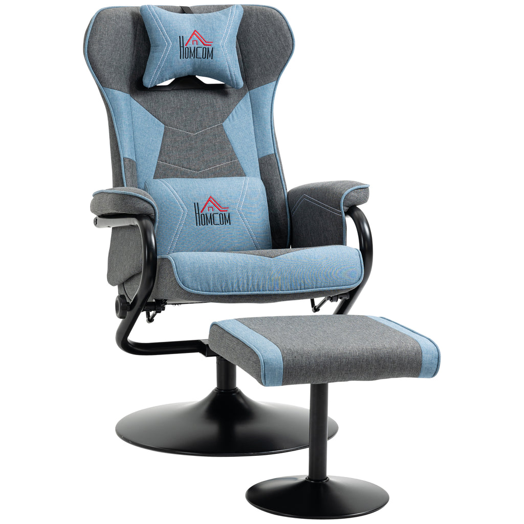 Recliner Chair with Ottoman, Video Gaming Chair, Racing Style Upholstered Swivel Recliner with Footrest, Headrest and Lumbar Support, Grey/Blue