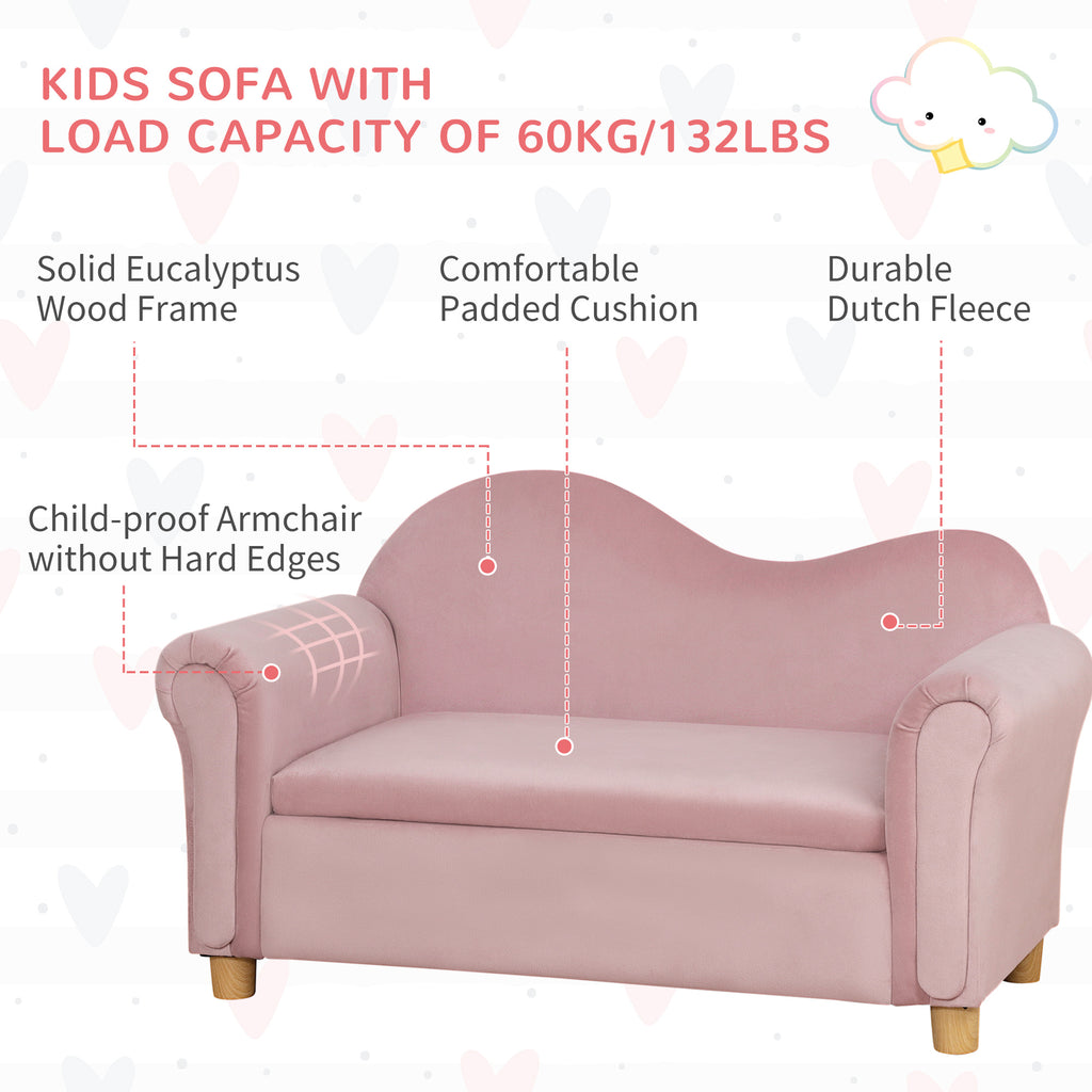 Ergonomic Foam Kids Sofa with Inner Toy Storage Chest, Velvet Kids Couch with Soft Arms, Children's Lounge Furniture, Pink