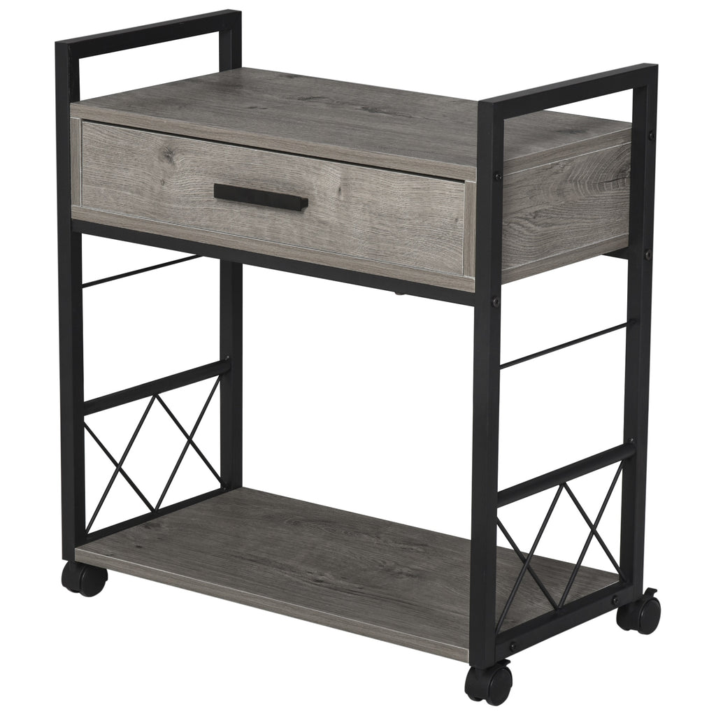 Industrial Style Side Table with 1 Drawer Shelf Wheels Wooden Bedside Table Night Stand Home Furniture, Grey