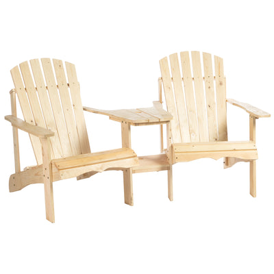 Set of 2 Wooden Adirondack Chairs, Outdoor Double Seat with Center Table and Umbrella Hole for Patio, Backyard, Deck, Fire Pit, Natural